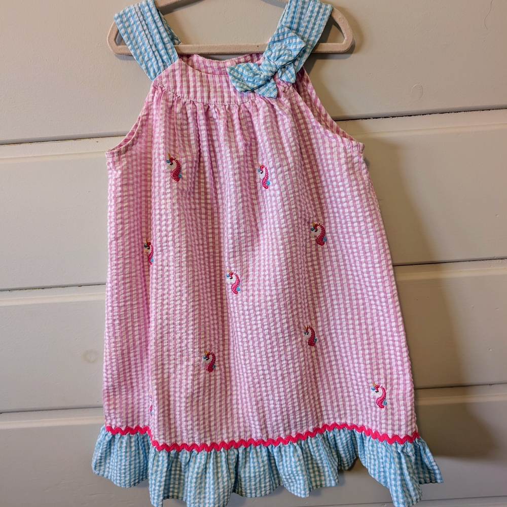 Emily Rose Pink and Blue Gingham Dress with Seahorse Embroidery